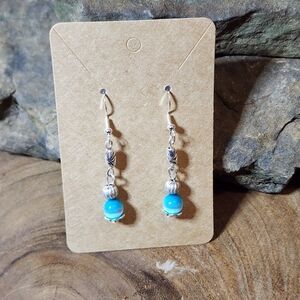 Hand Crafted Silver Toned and Ocean Blue Cats Eye Glass Beaded Earrings